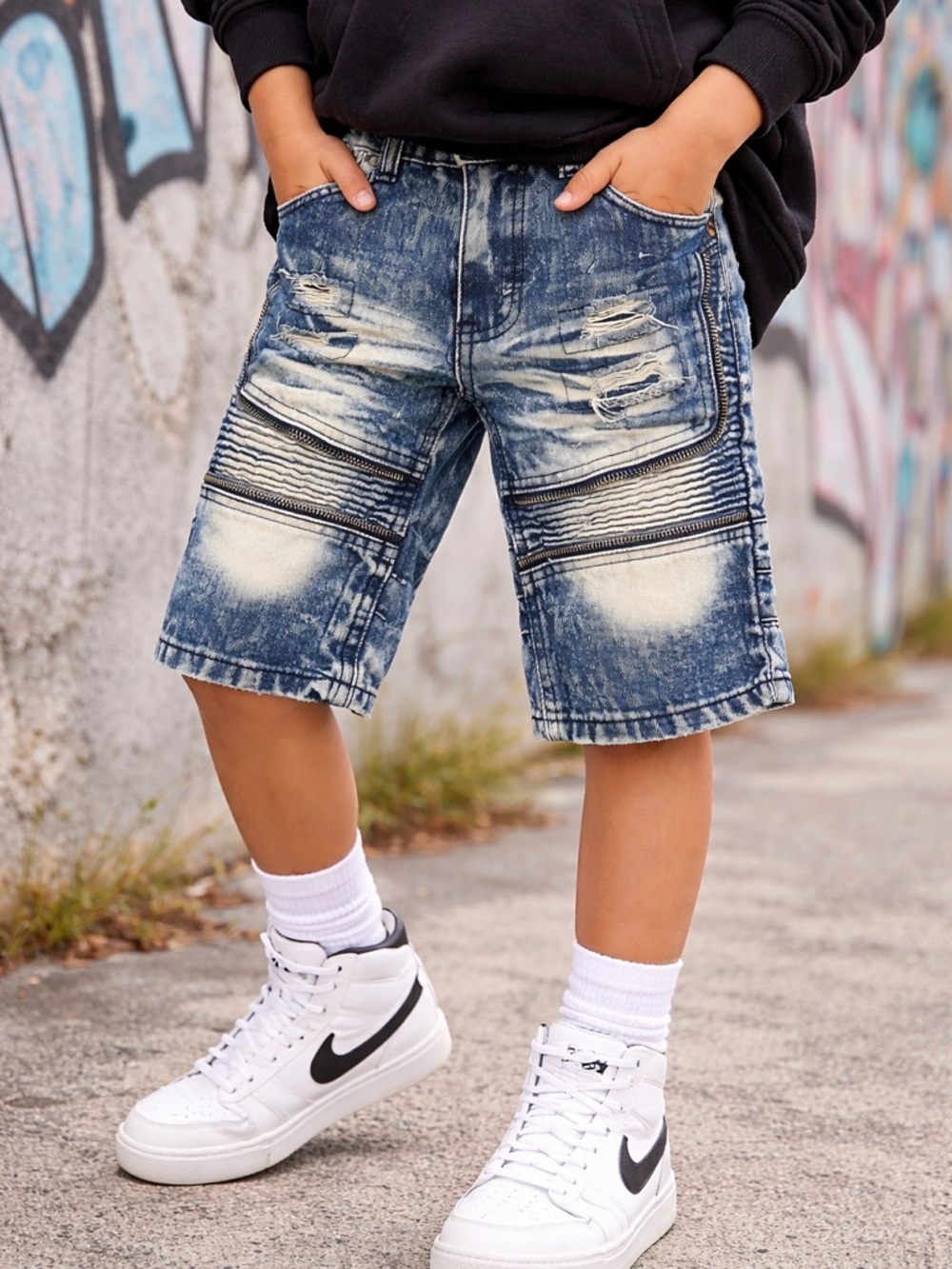 Blue Cult Boys 7 Acid Wash Biker Denim Shorts Distressed Moto Zipper